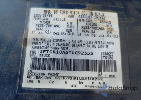 1996 Ford Ranger from USA, damaged, VIN 1FTCR10A5TUC92355